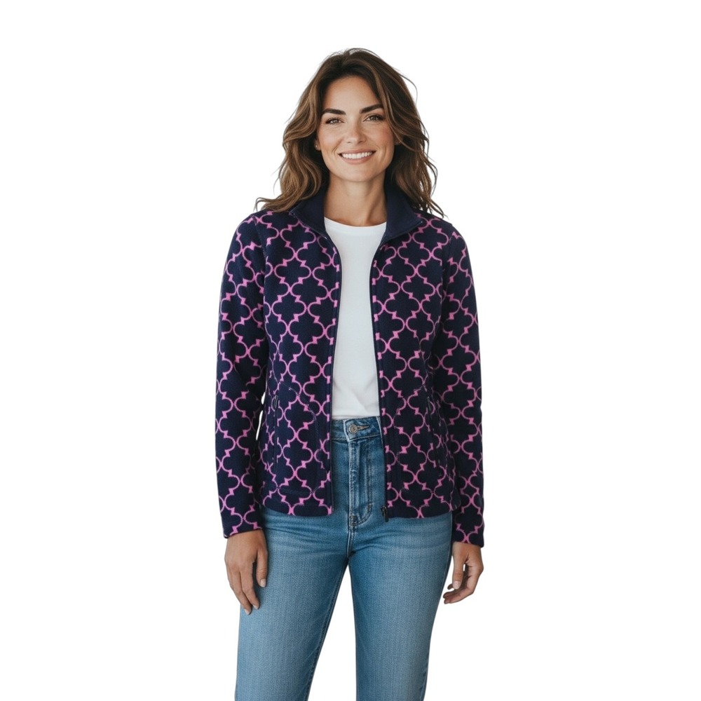 Talbots Womens‎ Fleece Jacket Full Zip Pink Geometric Pattern Small Petite